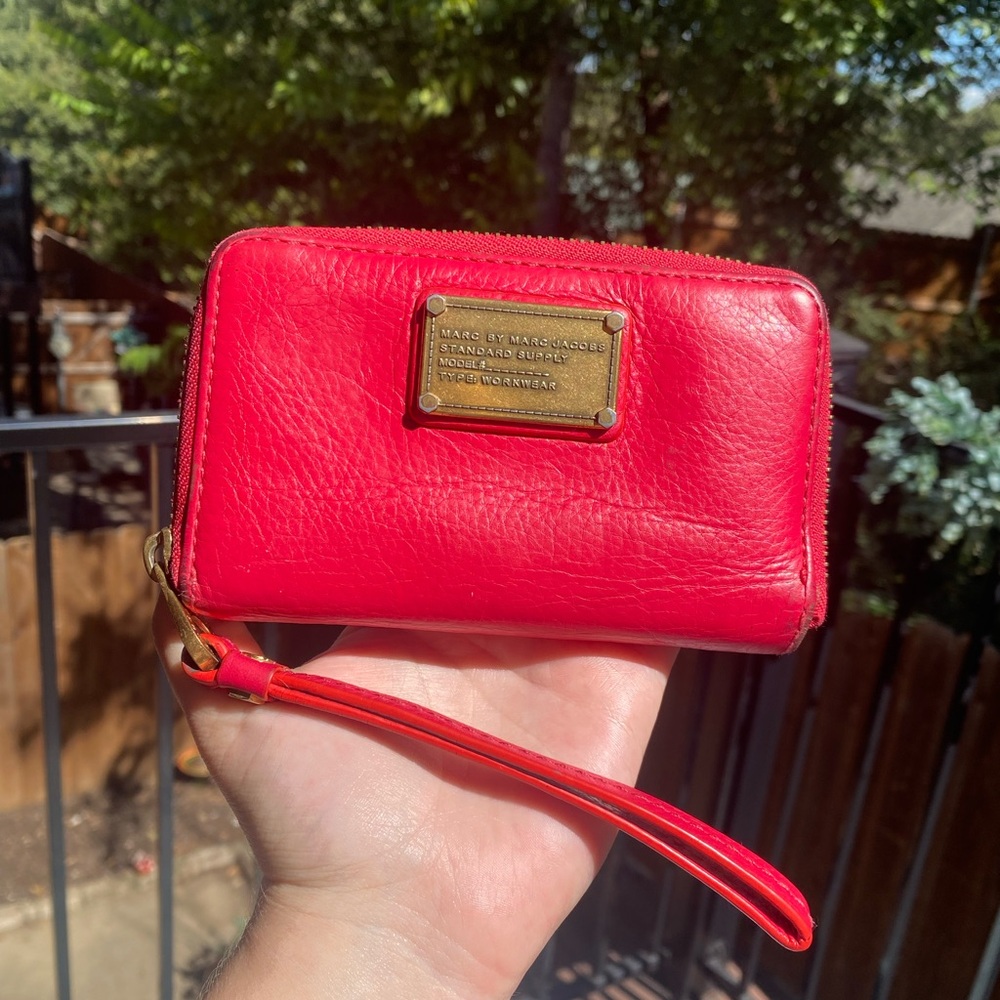Marc By Marc Jacobs Red Leather Wristlet with Gold Plaque